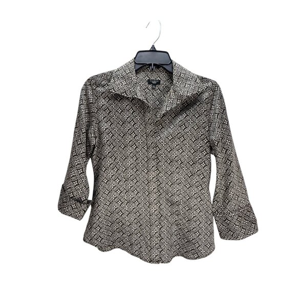 Talbots Brown Floral Geometric Button-Up Stretch Blouse Size Petite 4P Office - Picture 1 of 7